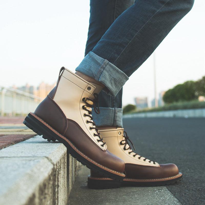 Fashion Contrast Color Cowhide Tooling Men's Boots - MRSLM