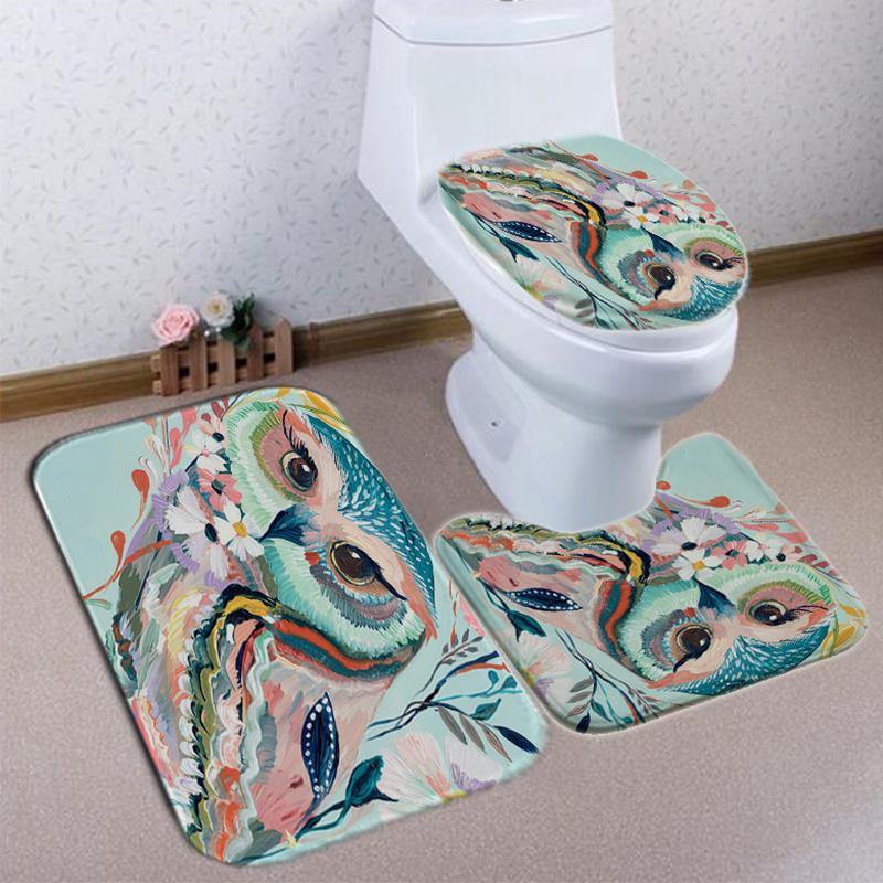 Owl Printed Shower Curtain Non-Slip Rug Three Set Bath Products Bathroom Decor with Hooks Waterproof - MRSLM