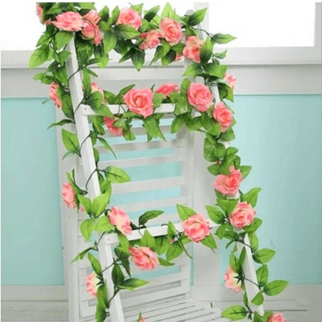 Artificial Rose With Green Leaves DIY Hanging Garland Flowers Vines For Home Wedding Decoration - MRSLM