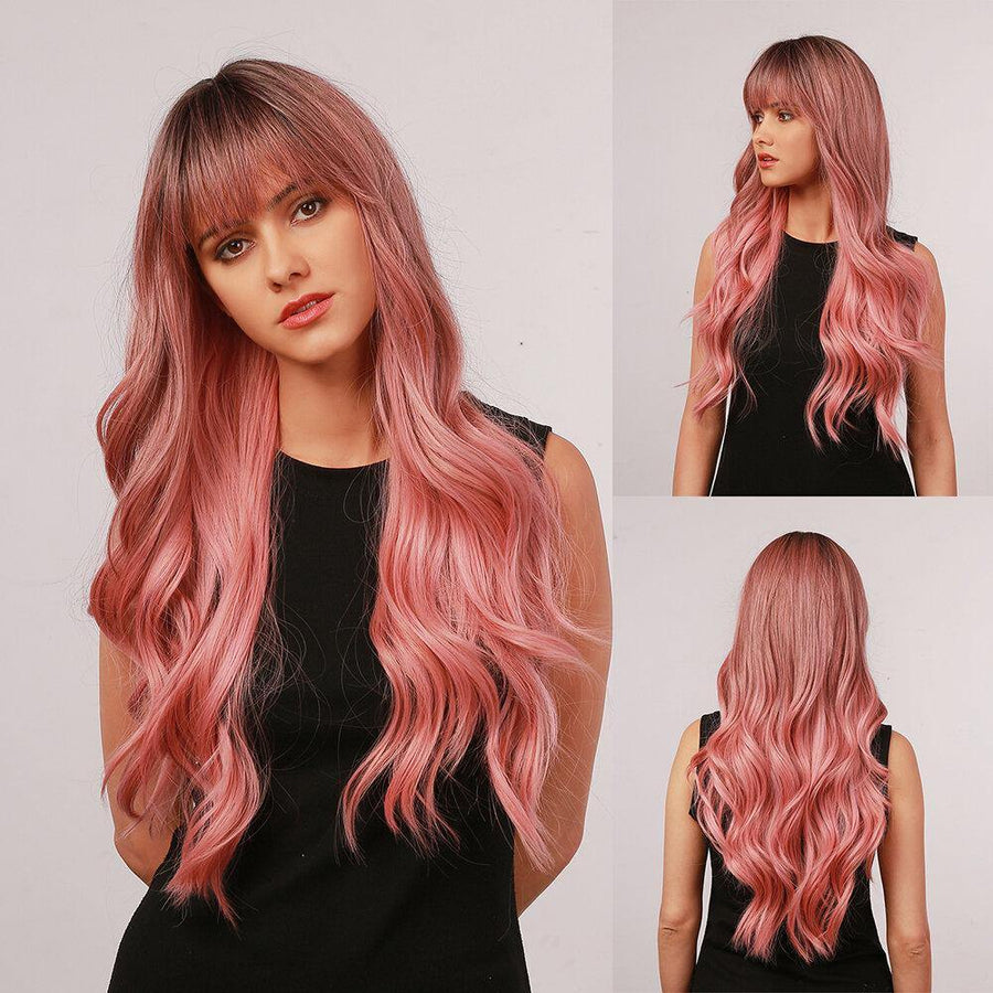 28 Inch Brown Gradient Pink Big Wave Length Curly Hair Air Bangs Christmas Full Head Cover Wig - MRSLM