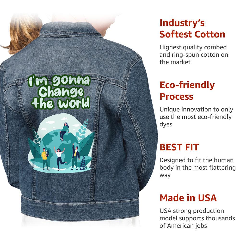 Change the World Kids' Denim Jacket - Motivational Quotes Jean Jacket - Illustration Denim Jacket for Kids - MRSLM