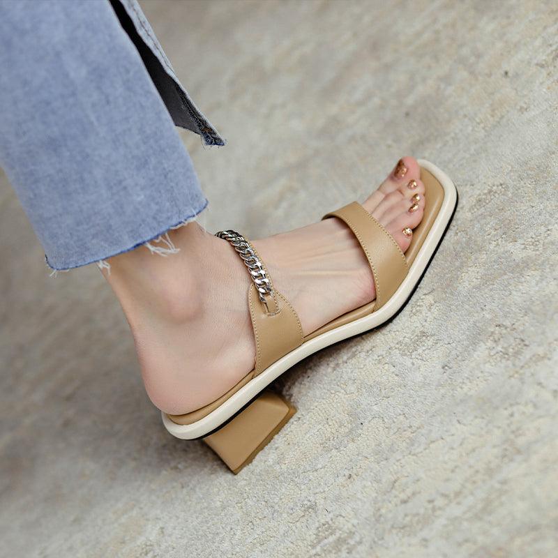 Summer Leather One-word Sandals And Slippers Women's Mid-heel Fashion Outer Wear 2021 New Beige Thick-heel Fairy Style Sandals - MRSLM