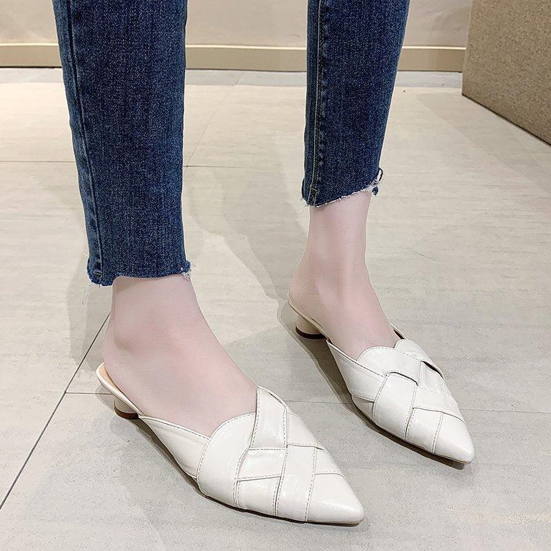 Pointed Soft Leather Sandals Women's Mid-heel Mules - MRSLM