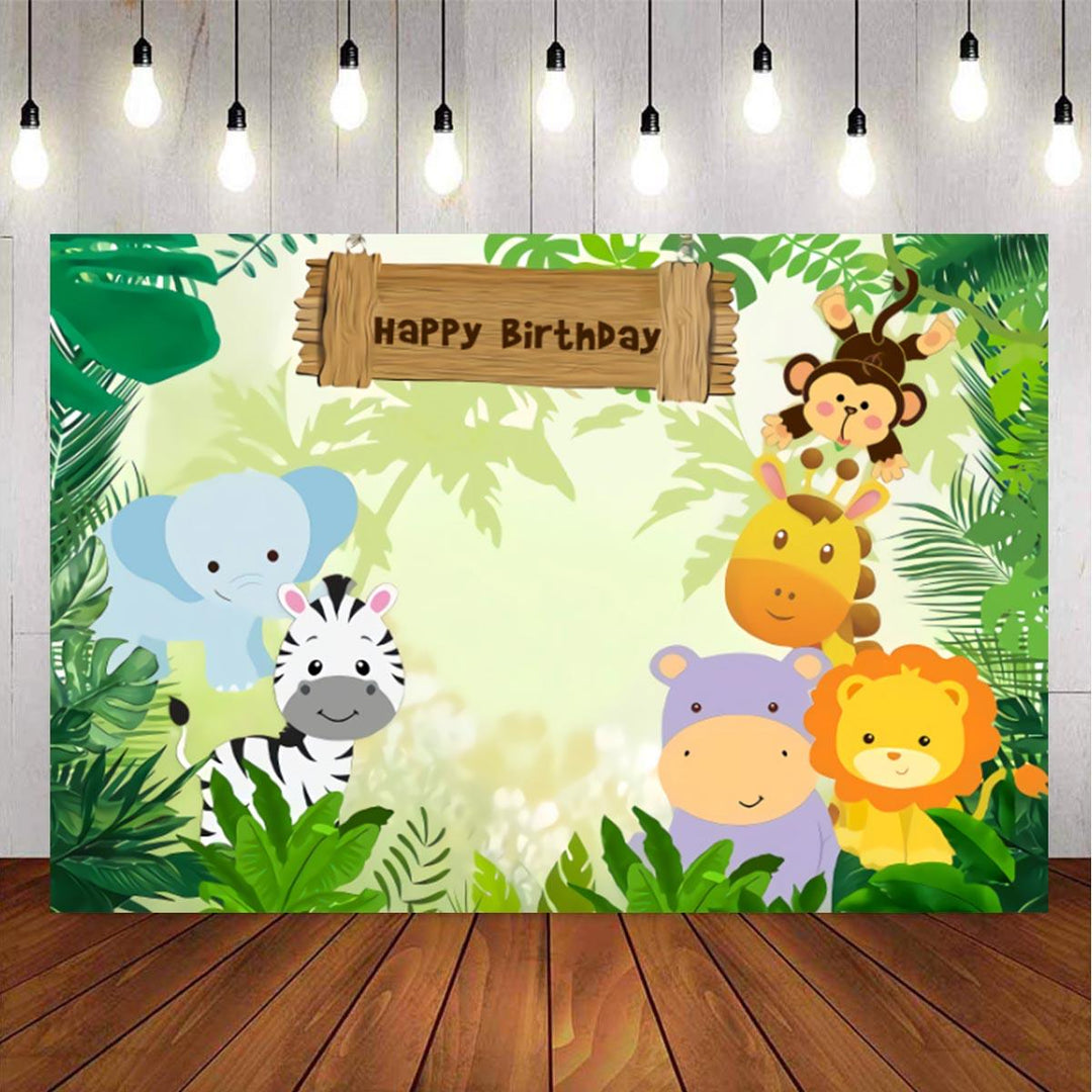 5x3FT 7x5FT 9x6FT Jungle Elephant Lion Happy Birthday Photography Backdrop Background Studio Prop - MRSLM