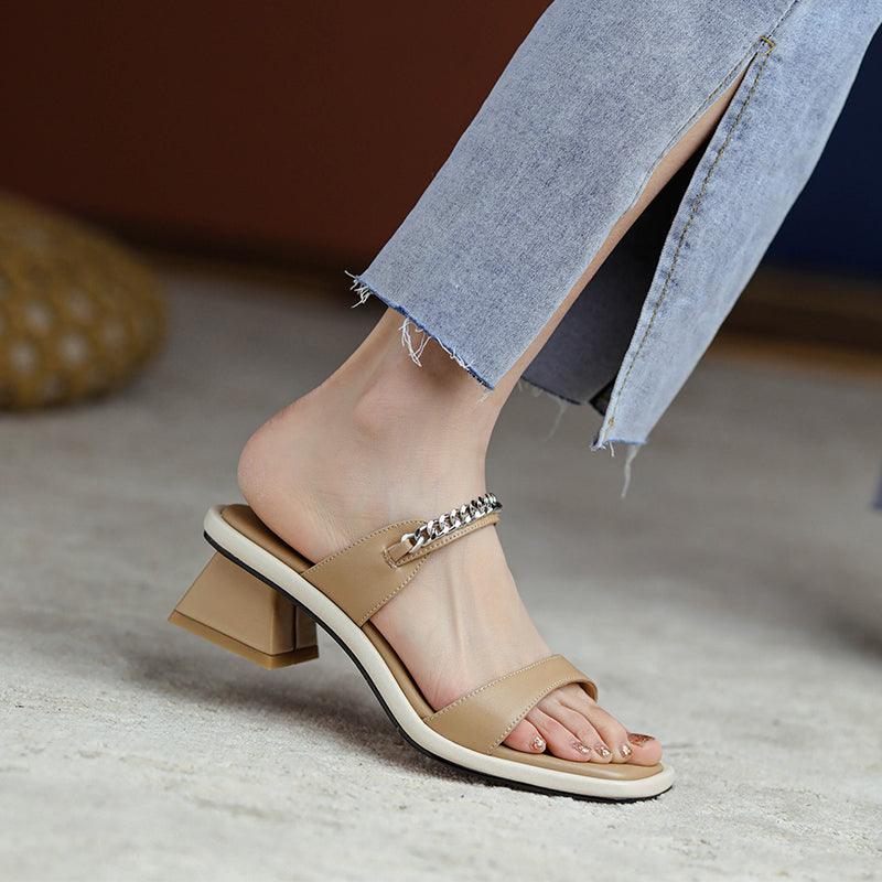 Summer Leather One-word Sandals And Slippers Women's Mid-heel Fashion Outer Wear 2021 New Beige Thick-heel Fairy Style Sandals - MRSLM