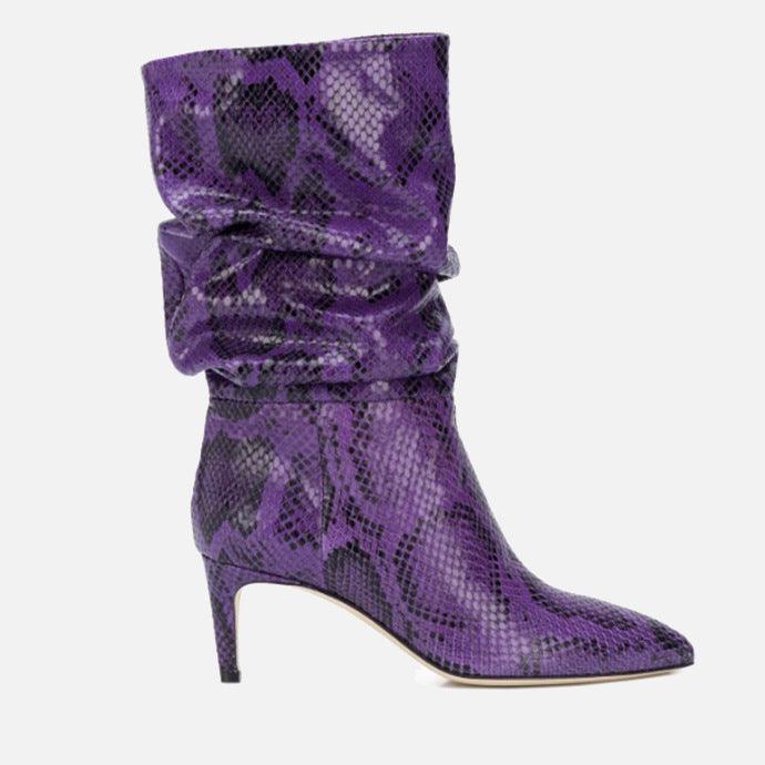 Pointed Toe Stiletto High Heel Snake Print Pleated Mid-top Boots Purple And Silver Women's Boots - MRSLM