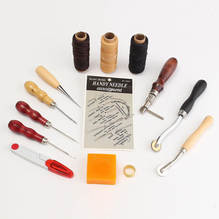 14 Pcs Leather Craft Tool Set Handmade DIY Tools Kit Hand Stitching Sewing Thread Awl Thimble - MRSLM