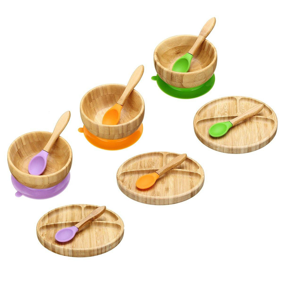 Baby Bamboo Suction Bowl Plate and Matching Spoon Set Kids Put Feeding Bowl - MRSLM