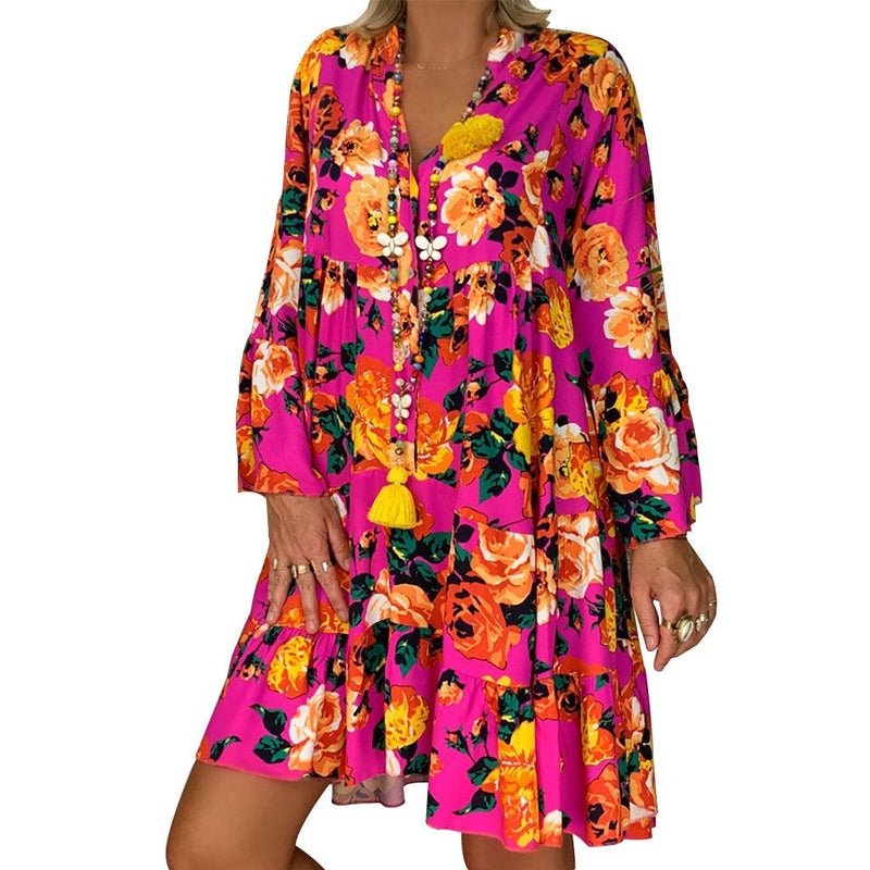 Printed V-neck button ruffled loose dress - MRSLM