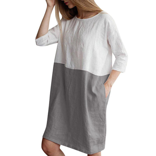 Women's splicing cotton linen half-sleeve dress, view 4 - MRSLM