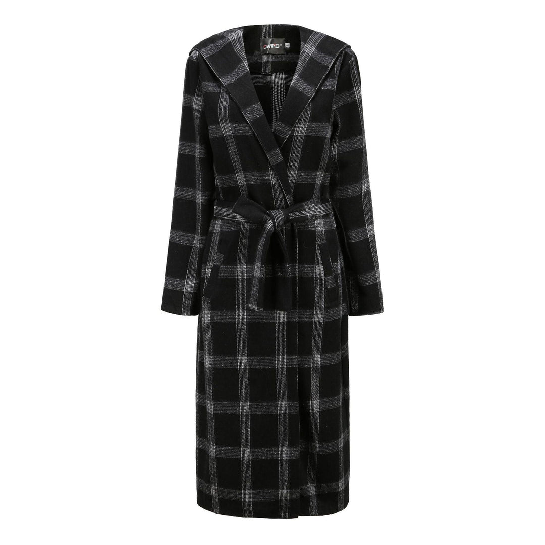 Cross-Border Women's Long Coat Plaid Brushed Woolen Coat Belt - MRSLM