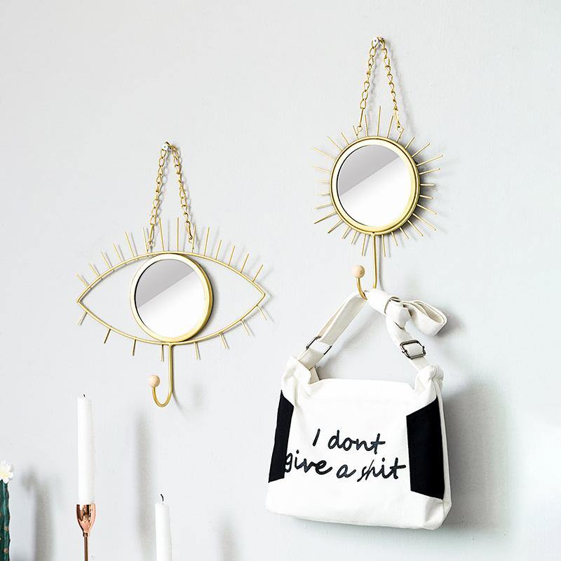 Geometric Eye Flower Design Mirror Iron Art Hooks Wall Hanging Handmade Home Decoration Hook (Gold) - MRSLM