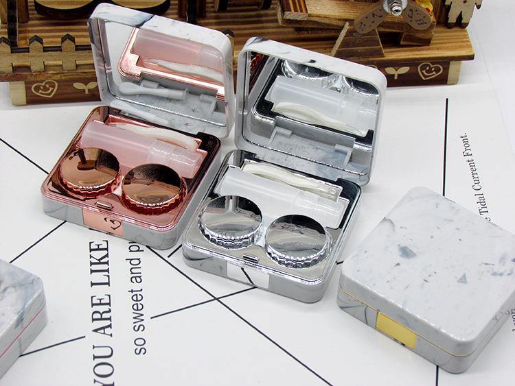 Square Contact Lenses Case Marble Surface Mirror Lens Container Box Travel Eye Contacts Holder Cover Soaking Contact Lenses - MRSLM