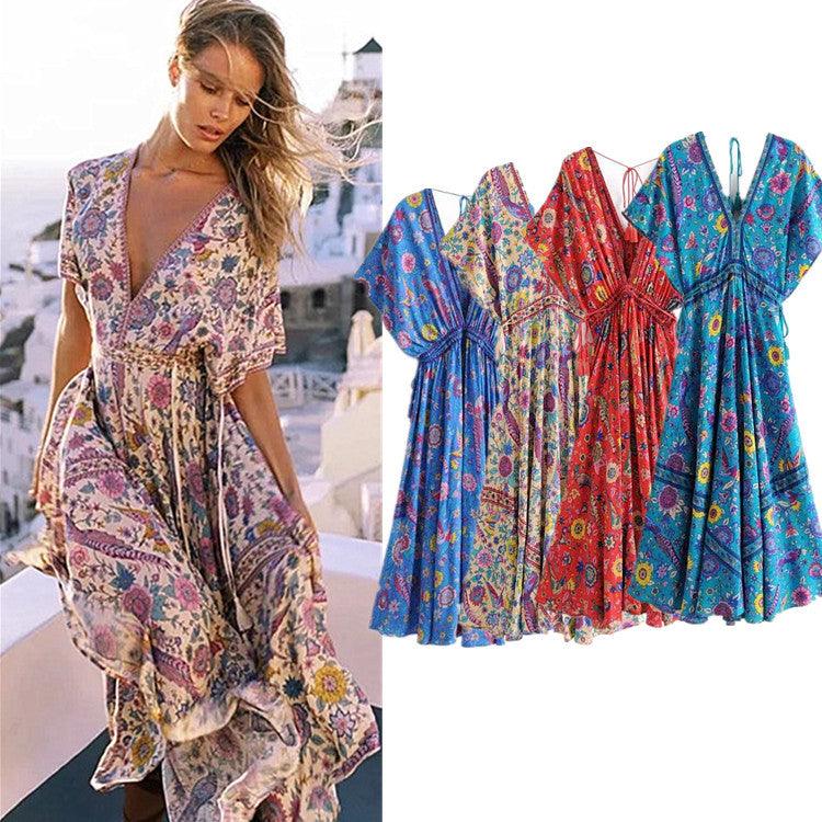 Summer vacation beach skirt dress positioning print V-neck lace dress - MRSLM