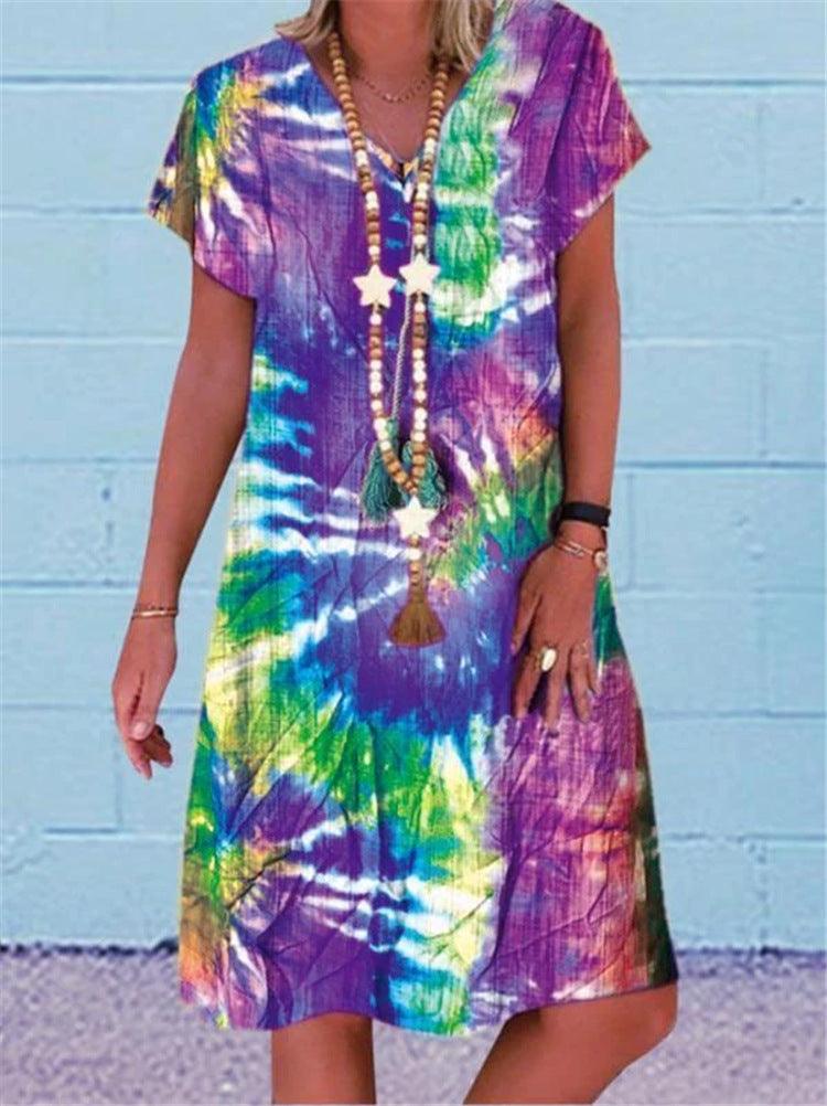 Multi-color printed short-sleeved V-neck dress - MRSLM