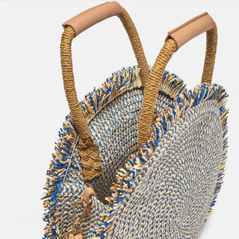 Straw woven round fringe beach bag, view 5 - MRSLM