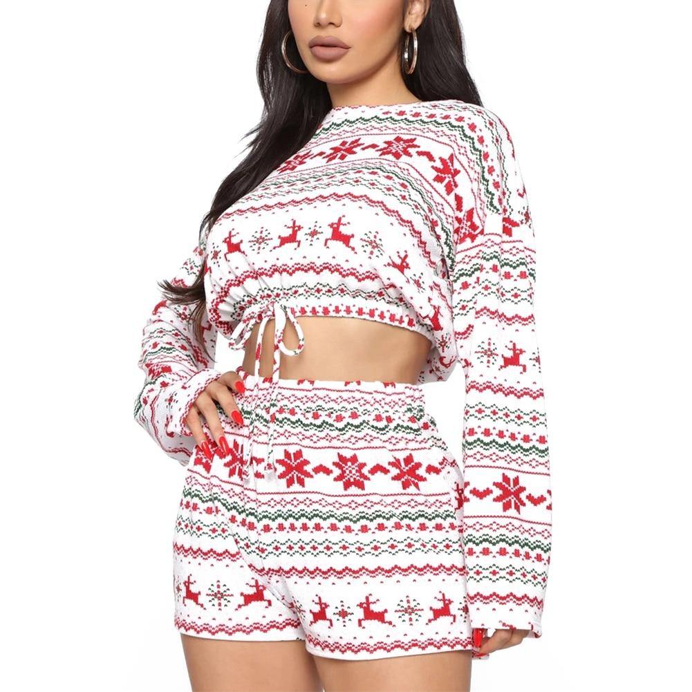 Women Christmas Pajama Sets Long Sleeve Crop Top Shorts 2Pcs - MRSLM