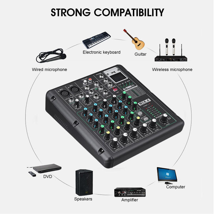 6 Channel bluetooth DJ HD Mic Audio Mixer Control LED Digital Display Music Stream with USB Interface - MRSLM