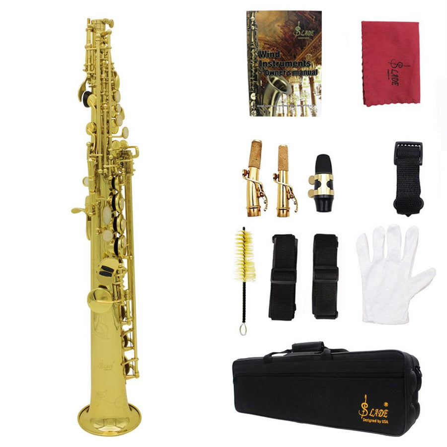 Brass Straight Soprano Sax Saxophone Bb B Flat Woodwind Instrument Natural Shell Key Carve Pattern with Carrying Case - MRSLM