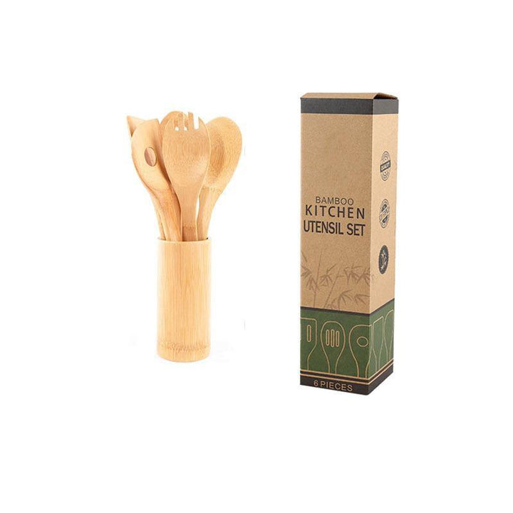 Bamboo Spatula Set with Square Holder Eco-Friendly with Ergonomic Handle Kitchen Utensil - MRSLM