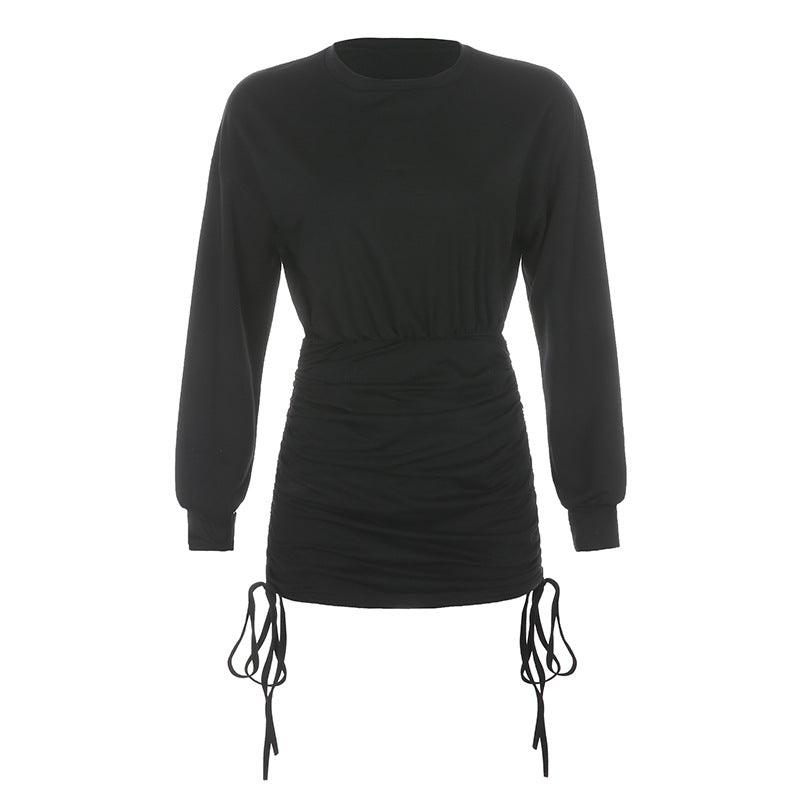 pleated drawstring long sleeve dress, view 4 - MRSLM