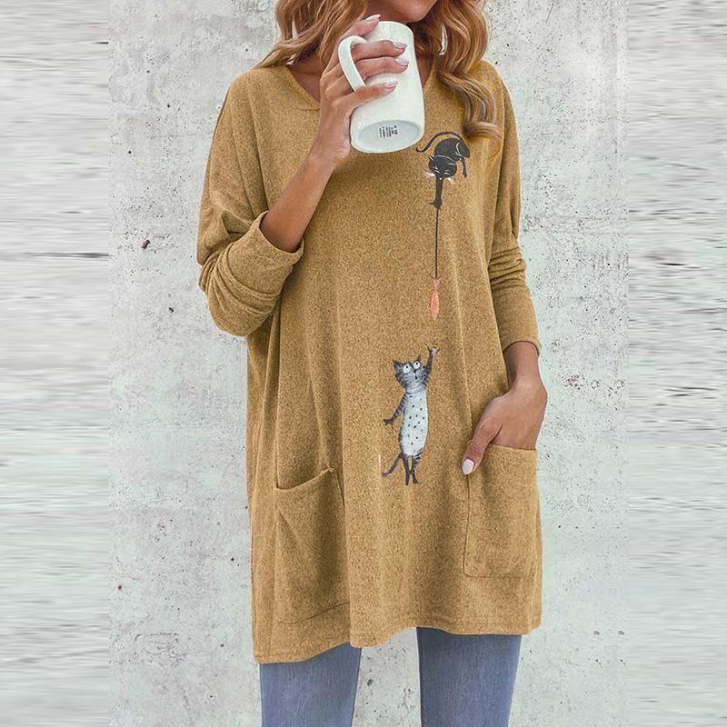 Cat print mid-length loose casual bottoming top - MRSLM