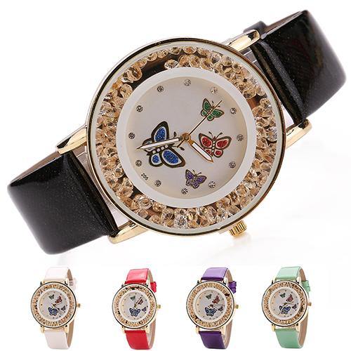 Women Fashion Butterfly Flowing Rhinestone Dial Faux Leather Analog Wrist Watch - MRSLM