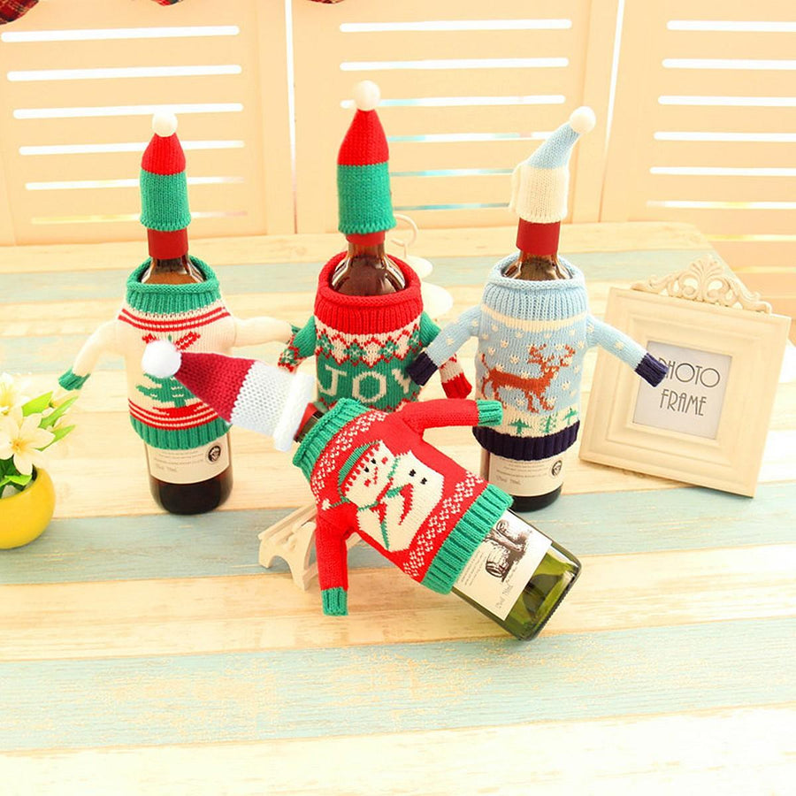 Christmas Knitted Sweater Lid Hat Wine Bottle Cover Wrap Bag Xmas Decoration - MRSLM