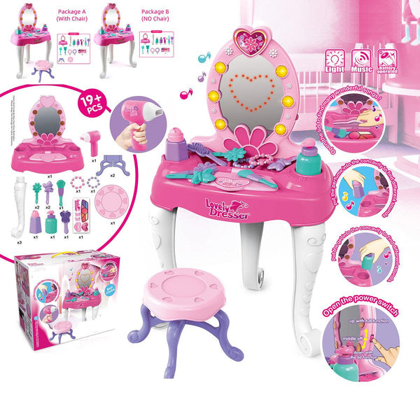 19+ Pcs Simulation Lovely Dresser Kids Makeup Table Play Set Toy with LED Light Music Effect for Kids Girl Gift - MRSLM