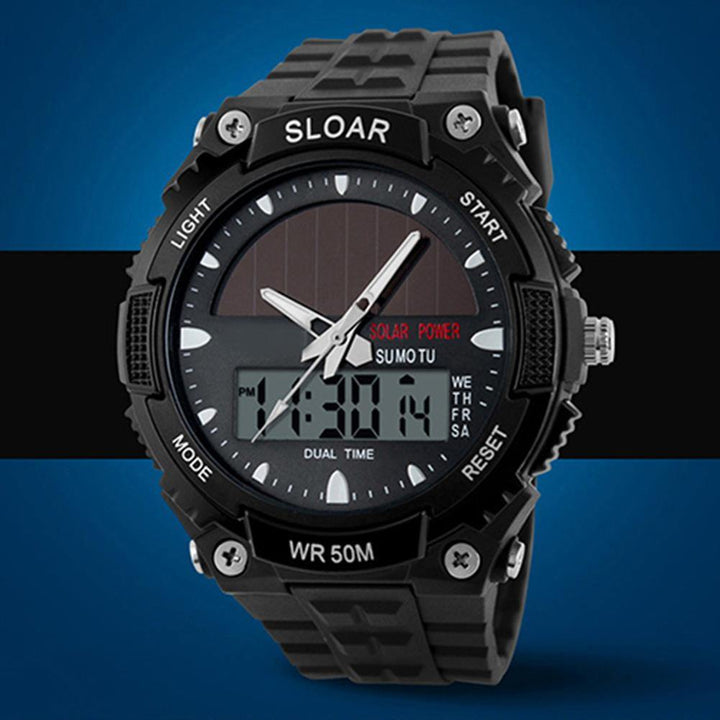 Men Sports Solar Power Dual Time Display Water Resistant Electronic Wrist Watch - MRSLM