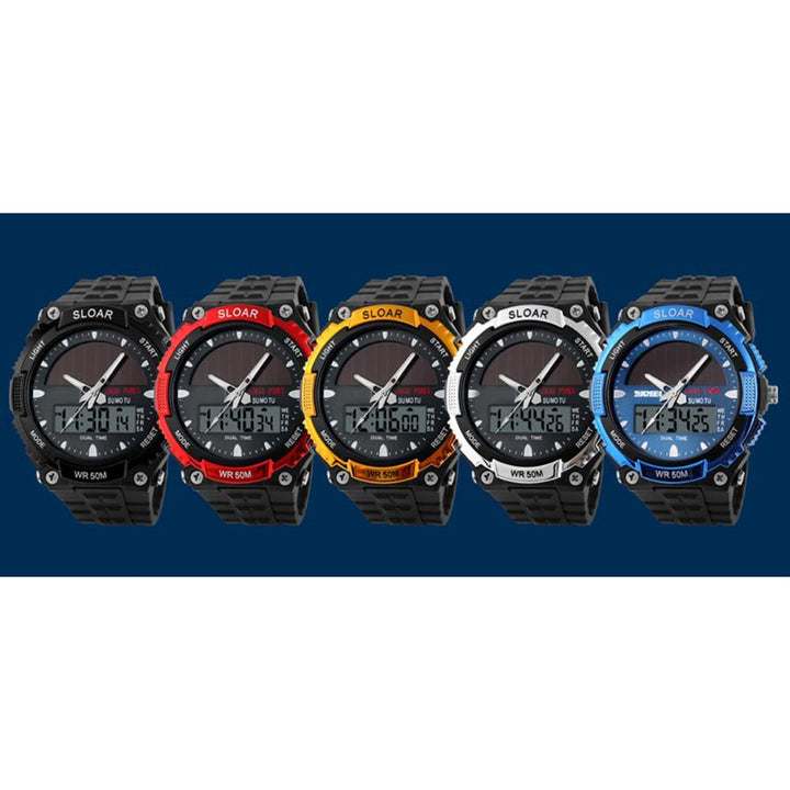 Men Sports Solar Power Dual Time Display Water Resistant Electronic Wrist Watch - MRSLM