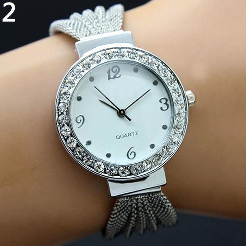 Women's Casual Luxury Inlaid Rhinestone Quartz Mesh Strap Bracelet Wrist Watch - MRSLM