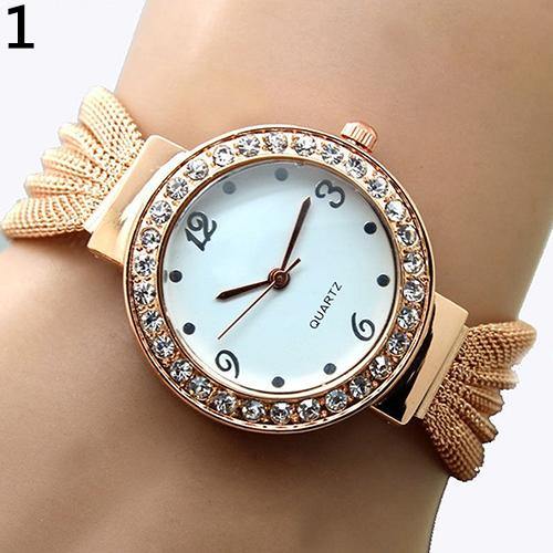 Women's Casual Luxury Inlaid Rhinestone Quartz Mesh Strap Bracelet Wrist Watch - MRSLM