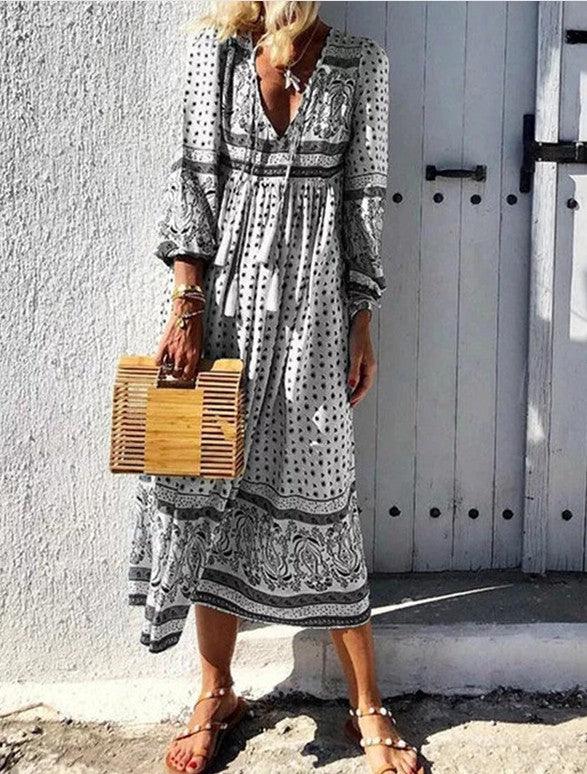 Bohemian long sleeve V-neck pullover dress - MRSLM