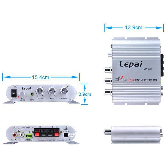 Le Pai LP-838 car home 12V computer amplifier 2.1 channel with subwoofer adjustment small amplifier - MRSLM