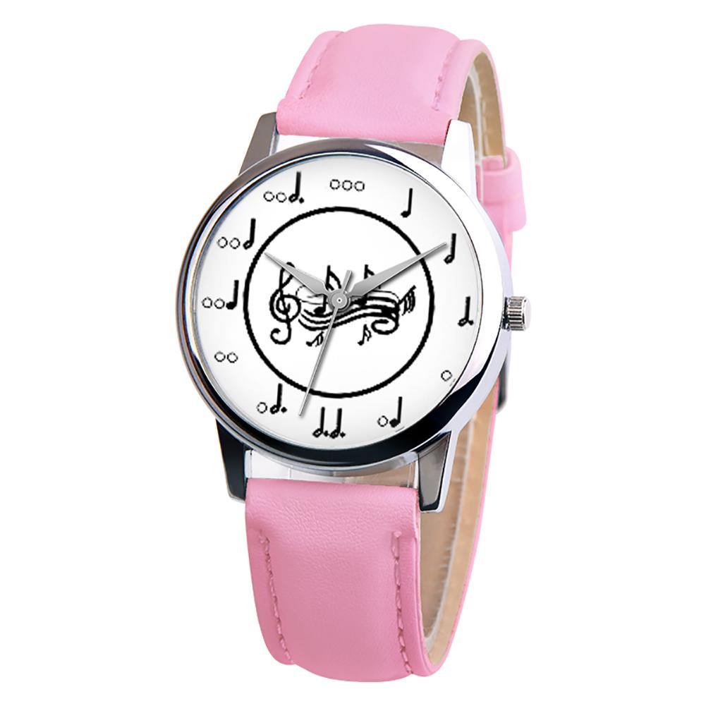 Fashion Music Note Analog Round Dial Faux Leather Band Unisex Quartz Wrist Watch - MRSLM