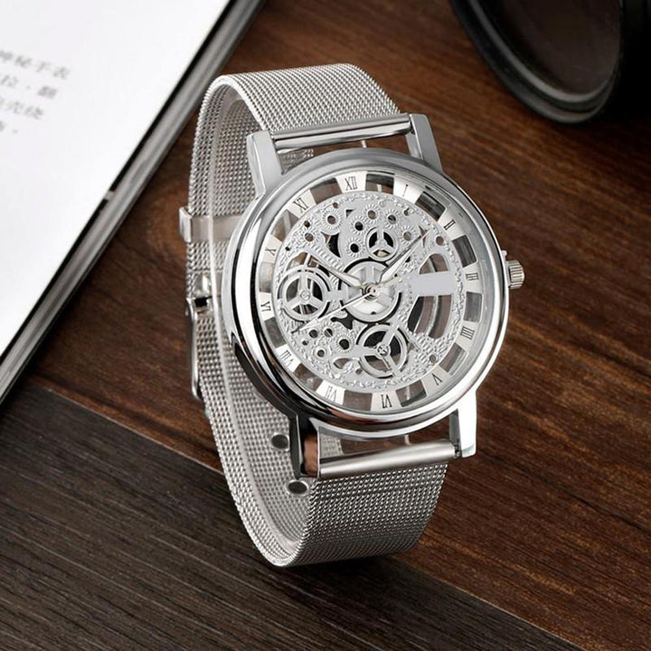 Skeleton Analog Men's Luxury Stainless Steel Mesh Band Quartz Wrist Watch Gift - MRSLM
