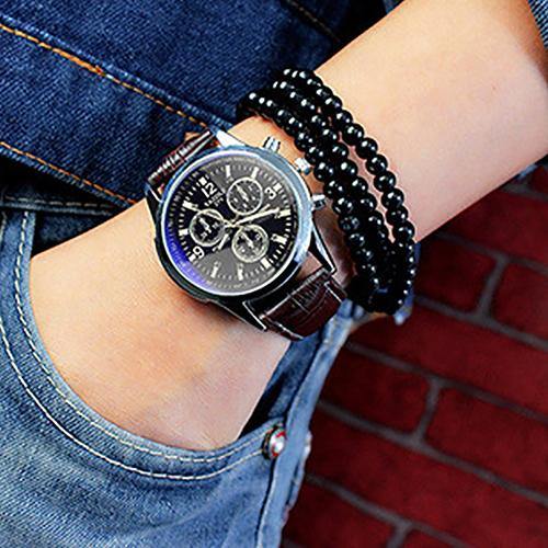 Unisex Military Business Stainless Steel Case Faux Leather Analog Quartz Watch - MRSLM