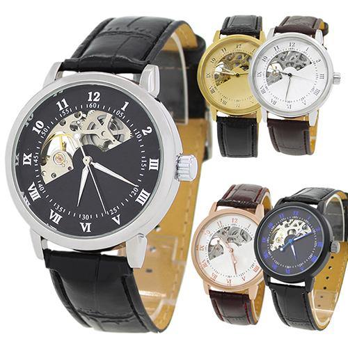 Men's Mechanical Hollow Dial Faux Leather Band Arabic Numerals Wrist Watch - MRSLM