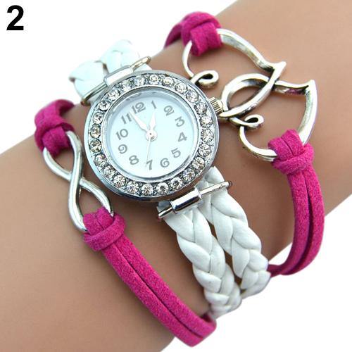 Lady Double Heart Charm Multilayer Braid Faux Leather Bracelet Wrist Watch - MRSLM