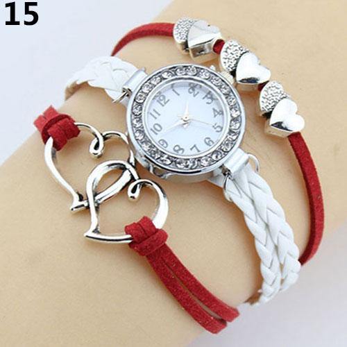 Lady Double Heart Charm Multilayer Braid Faux Leather Bracelet Wrist Watch - MRSLM