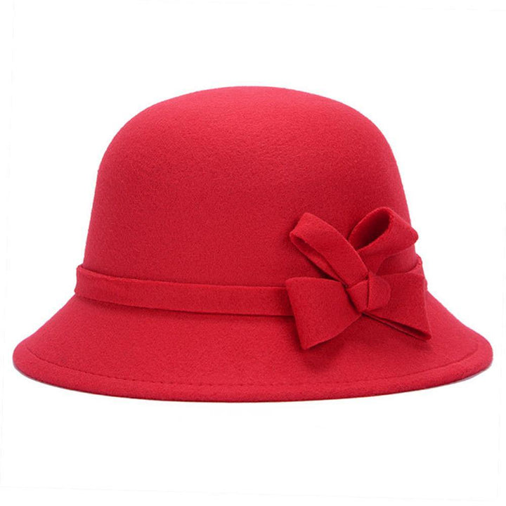Women Vintage Faux Wool Autumn Bow Solid Color Lady Wide Brim Bucket Hat Cap - MRSLM