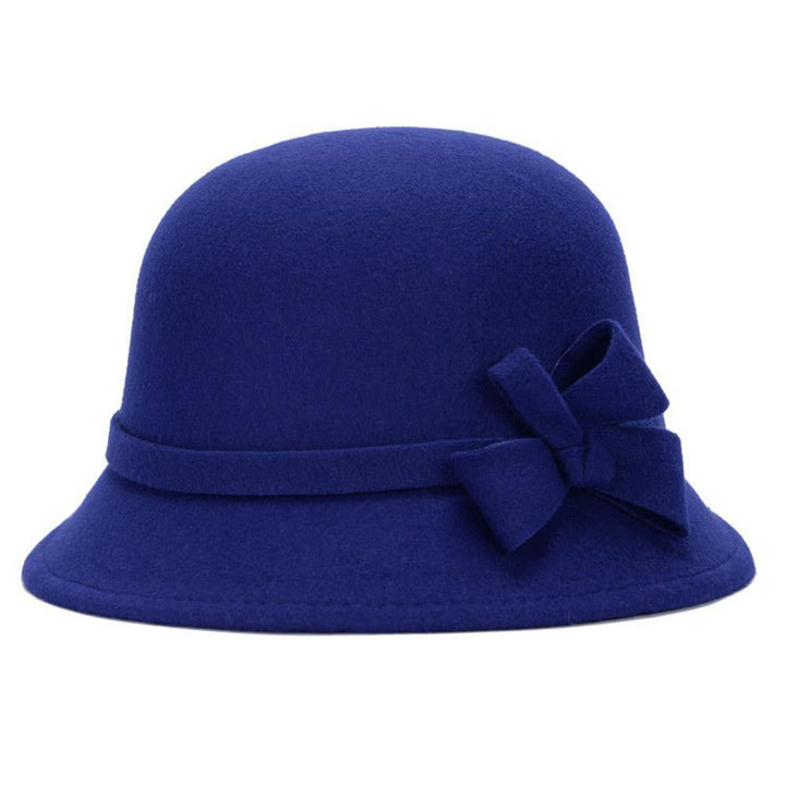 Women Vintage Faux Wool Autumn Bow Solid Color Lady Wide Brim Bucket Hat Cap - MRSLM