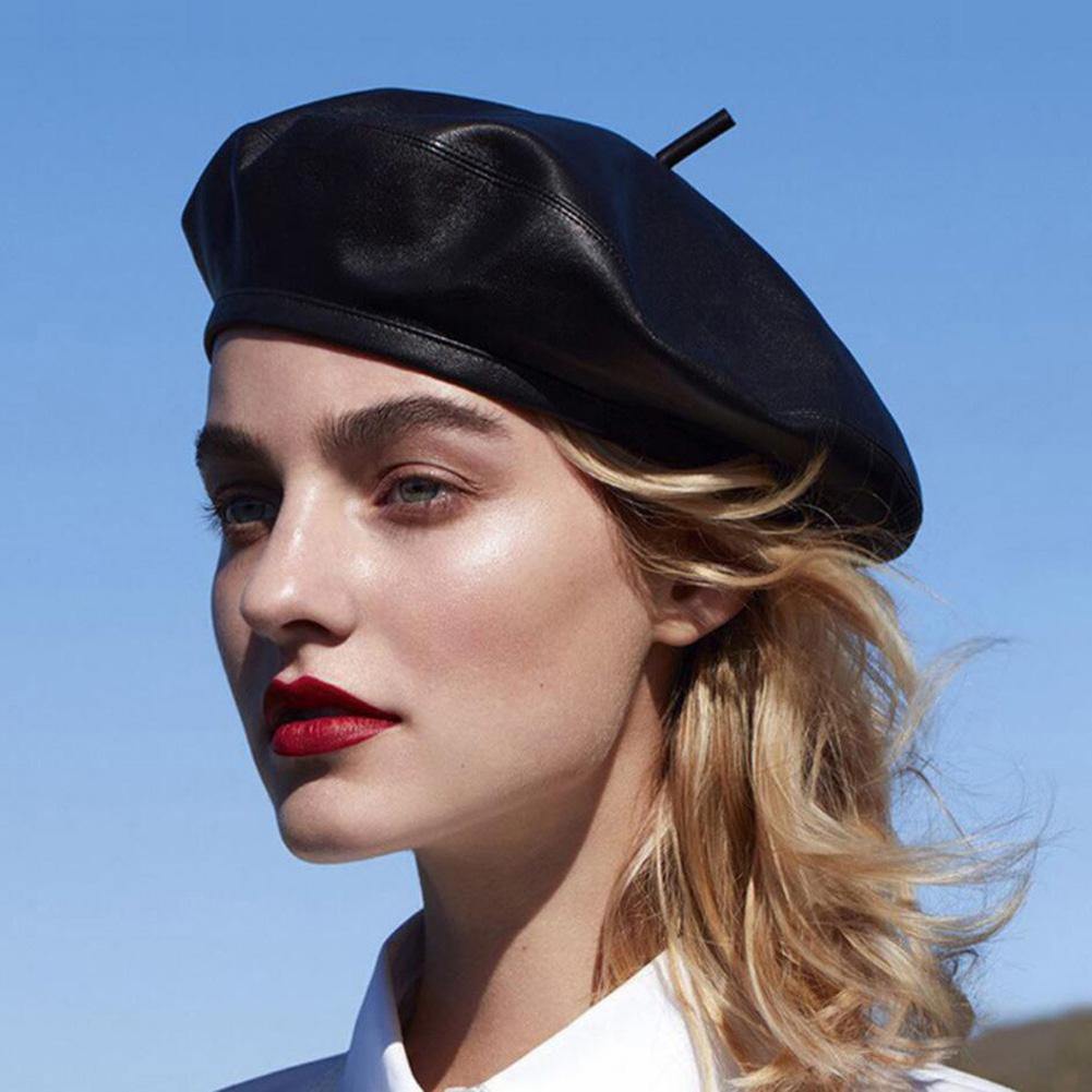 Vintage Spring Autumn Artist Women Solid Color Faux Leather Beret Cap Beanie Hat - MRSLM