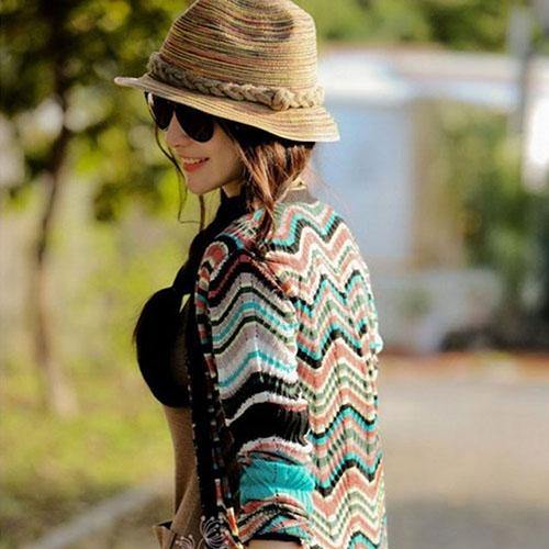 Women Summer Bohemia Style Straw Hats Foldable Striped Braided Rope Beach Sun Hat - MRSLM
