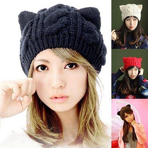 Women's Winter Fashion Lovely Cat Ear Crochet Knitted Ski Woolen Cap Beanie Hat - MRSLM
