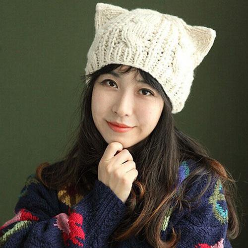 Women's Winter Fashion Lovely Cat Ear Crochet Knitted Ski Woolen Cap Beanie Hat - MRSLM