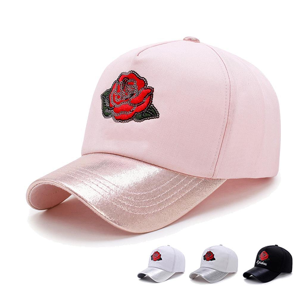 Sequin Rose Flower Embroidery Women Baseball Cap Snapback Outdoor Sports Sun Hat - MRSLM