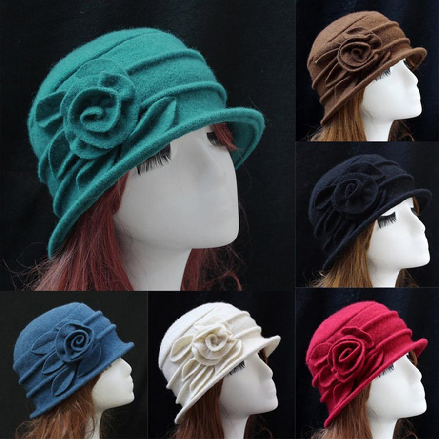 Vintage Women Wool Church Cloche Flapper Hat Lady Bucket Winter Flower Cap - MRSLM