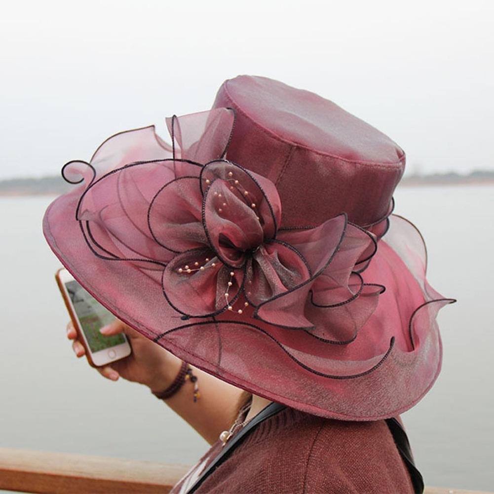Elegant Lady Wide Brim Flower Sun Hat Women Wedding Tea Party Church Travel Cap - MRSLM